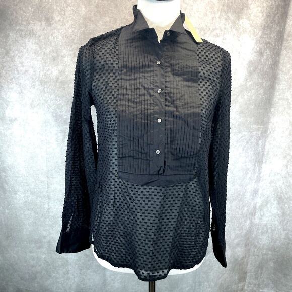 J.CREW Tops - J Crew Blouse Shirt Women Sz 0 Black Button Polka Dot Sheer Burn Out Tuxedo NWT